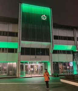 Kaupungintalo oli valaistu vihreänä Maailman reumapäivänä. Kuvassa pj. Sirkku Hamunen
Kuva Jaana Kauppinen